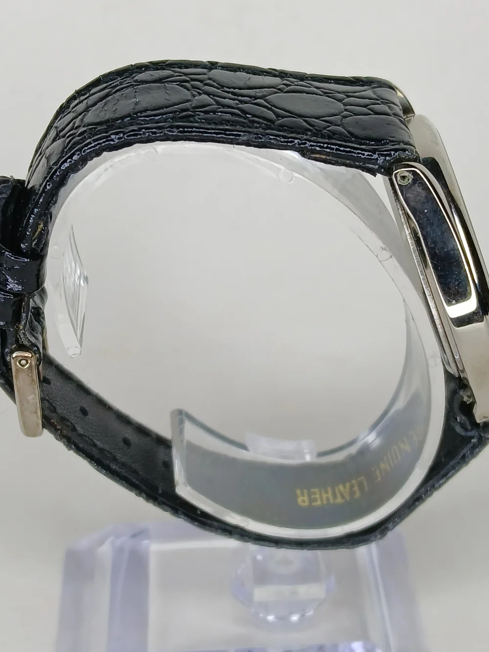 Q&Q Citizen Quartz Watch White Dial Date Silver Case Black Leather Strap Working